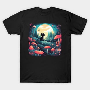 Mushroom Fairy Black Cat Landscape T-Shirt